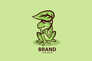 Cute frog holding a leaf as umbrella. cartoon animal nature. Mascot Character.