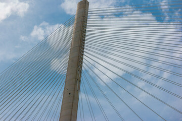 Single tower and cables of the Queensferry Crossing over the Firth of Forth, Scotland