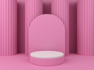 3D minimalist podium with pink pillars background for product display. Abstract geometric shape background with pastel colors and empty podium. 3D render.