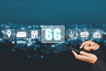 Global communication network concept, Man hand using smart phone with 6G and wifi icon on virtual screen, World wide business, high-speed mobile Internet, new generation networks. Mixed media.