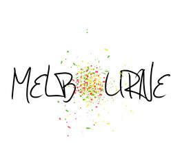 decorative melbourne text with colorful paint drops on white background