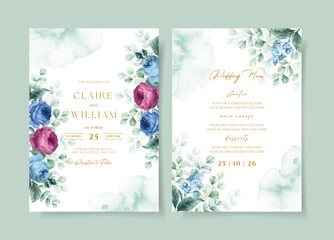 Wedding invitation template set with romantic floral and leaves decoration