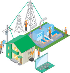 電力発電所から家庭への電気のイメージ