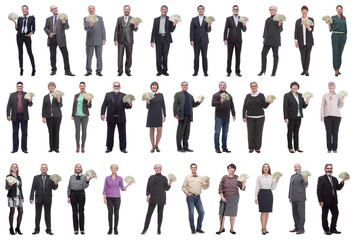 group of successful people holding money in hand