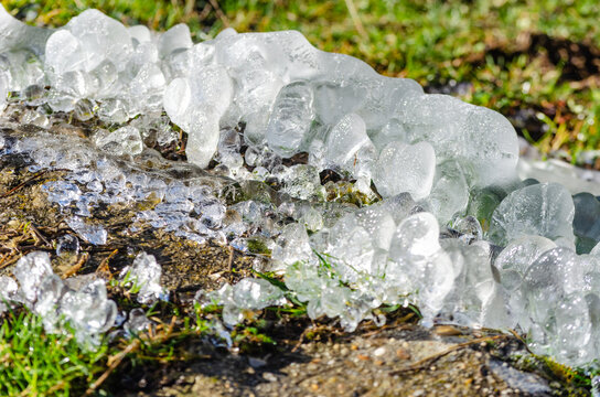 Hielo en una fuente con hierva verde
