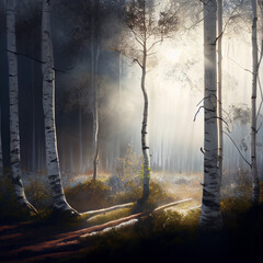 A forest of birch trees with sun traces, generative ai