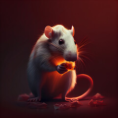 Rat eating white cheese on dark red background,. generative ai