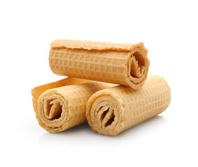 Three sweet crispy wafer rolls isolated on white background    