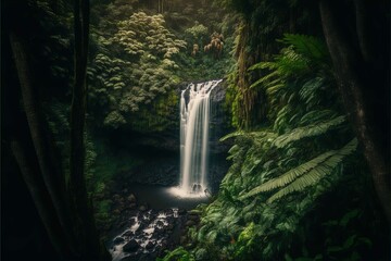 A dramatic shot of a waterfall in a lush rainforest, ideal for eco-tourism and adventure promotions. Generative A.I.