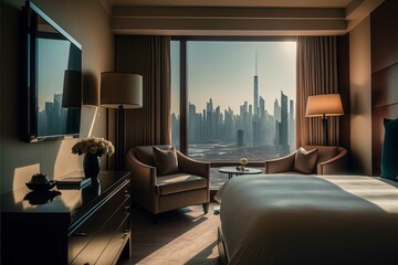 Luxury Hotel Room with Panoramic City View, Ideal for Travel and Lifestyle Promotions