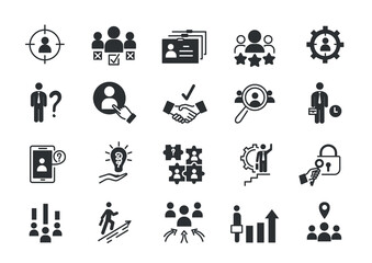 Career growth black set. Collection of minimalistic icons for website. Motivation and ambition, idea, entrepreneurship and business. Cartoon flat vector illustrations isolated on white background