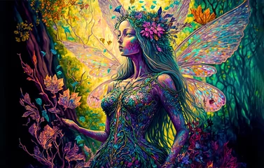 Enchanted fairy  in a fantasy magical forest with butterflies and magic flowers. concept art 