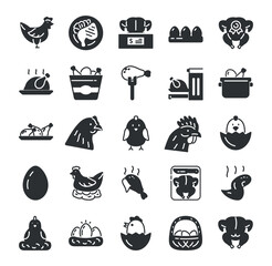 Chicken Icons black set. Collection of graphic elements for website. Logotype for cafes and restaurants. Fried dishes and menu. Cartoon flat vector illustrations isolated on white background