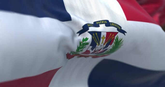 Close-up of the Dominican Republic national flag waving
