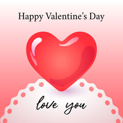 Happy Valentine's Day banner with text love you. Red heart and lace on pastel pink background. Vector illustration, icon, button, greeting card, invitation, social post.