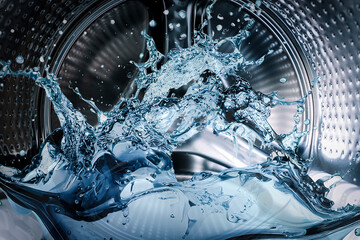 Washing machine drum with clean water flow and splashes. Laundry, washing powder concept. - Powered by Adobe
