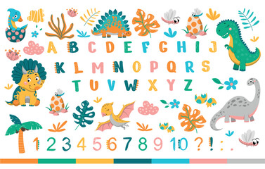 Dino and alphabet collection. Set of animals BC, history and paleontology. Poster or banner for website. Pterodactyl and Tyrannosaurus. Cartoon flat vector illustrations isolated on white background