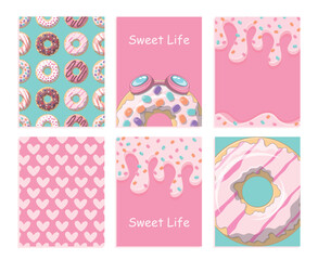 Donuts banner set. Collection of graphic elements for website. Design for invitation and greeting postcard. Poster, cover or banner. Cartoon flat vector illustrations isolated on white background