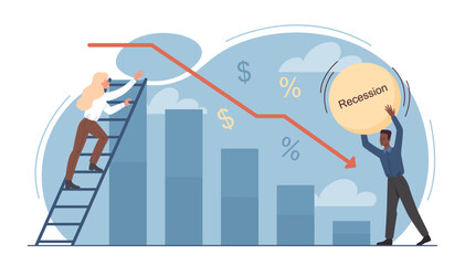 Drop statistics concept. Man and woman near falling graph. Crisis and recession, financial problems and bankruptcy, Economics. Characters near statistics and charts. Cartoon flat vector illustration