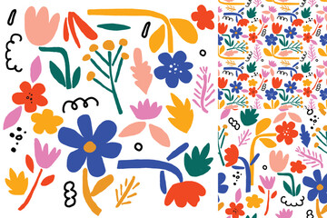 Fototapeta na wymiar Abstract Floral Hand Drawn Elements Seamless Pattern Set