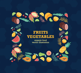 Fruits and vegetables banner. Graphic element for website. Natural and organic products. International vegetarian diet and food celebration, proper nutrition. Cartoon flat vector illustration