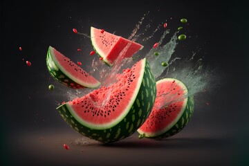 Fresh slices of watermelon flying with exploding juice splash. Generative AI
