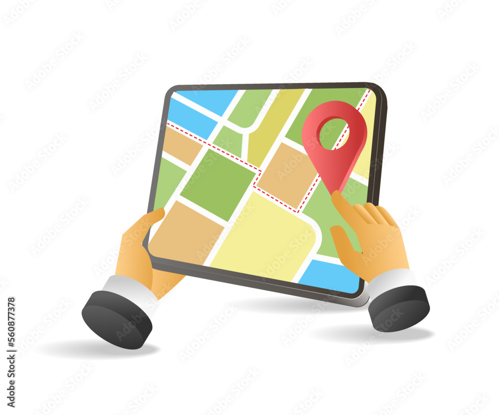 Poster flat 3d concept isometric illustration of a hand pointing at a location map