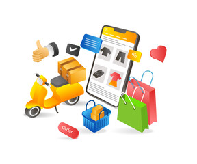 Flat 3d concept isometric illustration of delivery of goods after online shopping order