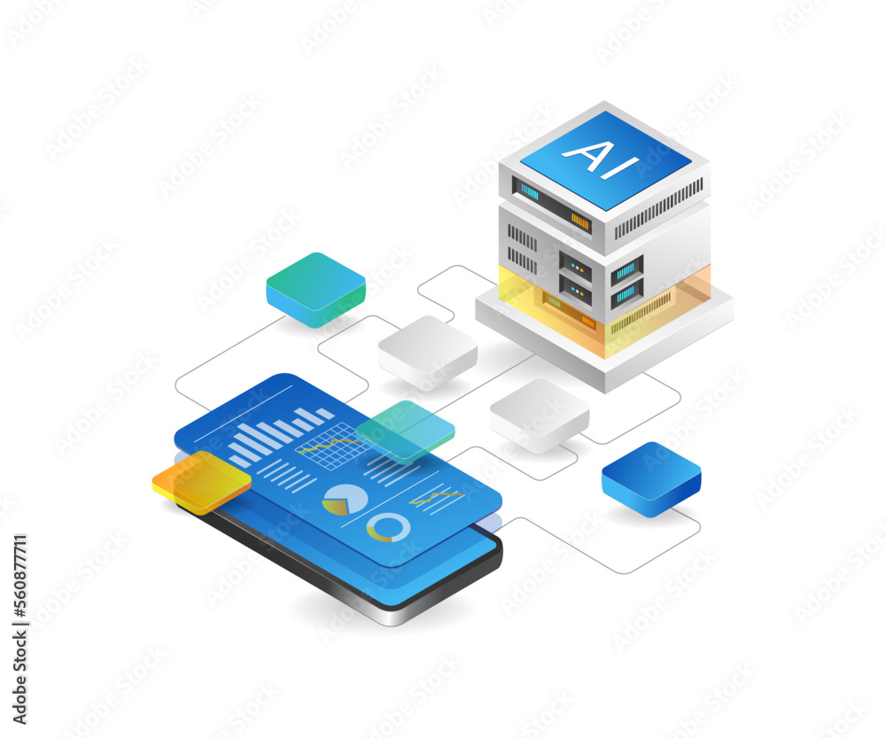 Poster isometric flat 3d concept of artificial intelligence analysis network illustration