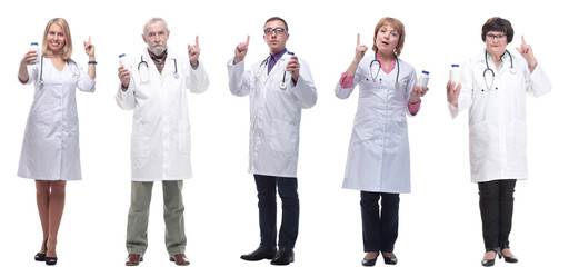 group of doctors holding jar isolated on white