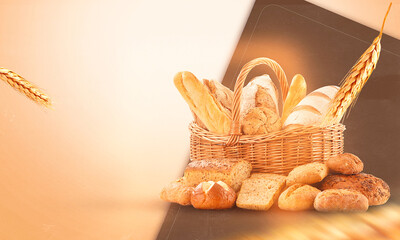 Variedades de panes en un canasto y en el suelo sobre un fondo marrón  - obrazy, fototapety, plakaty