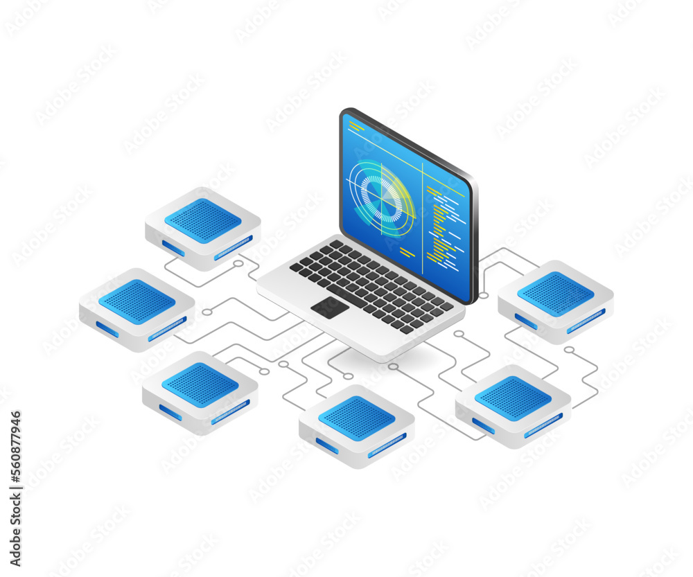 Poster flat isometric 3d concept illustration radar control network data analysis
