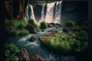 A landscape of a waterfall, with lush greenery and a misty atmosphere Generated IA