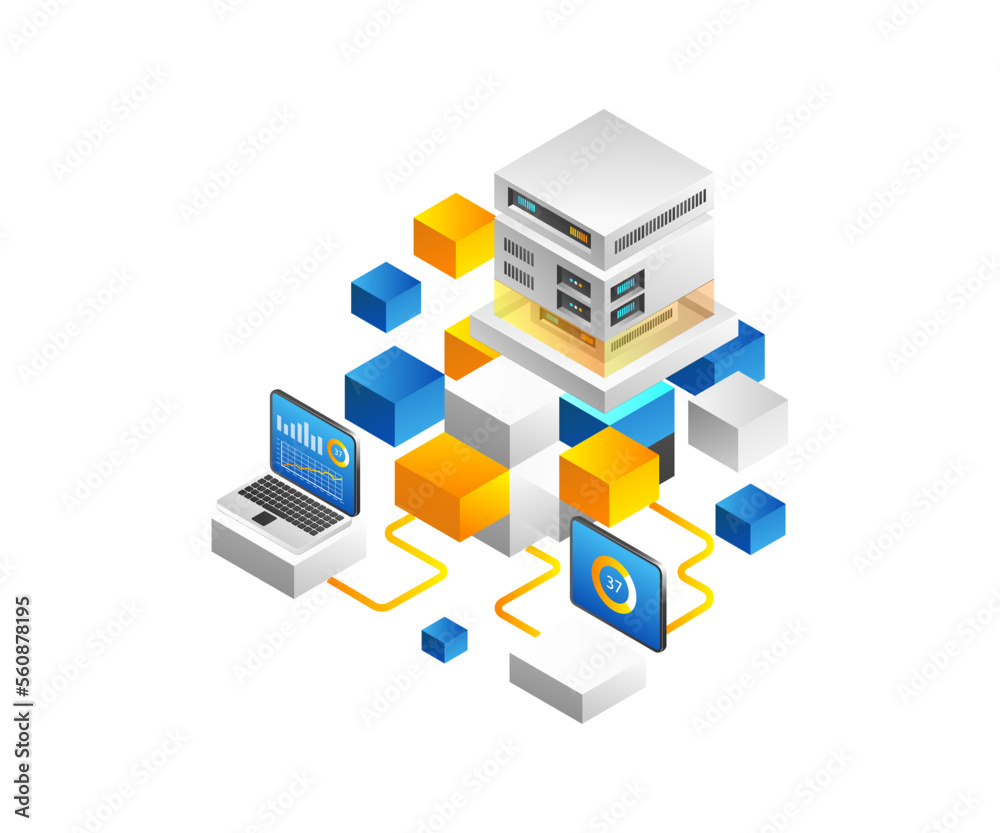 Poster isometric flat 3d concept high tech server block chain illustration