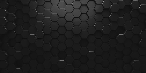 Fototapeta Black geometric hexagonal abstract background. Surface polygonal pattern with glowing hexagons, obraz