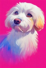 Funny adorable portrait headshot of cute doggy. Maltese dog breed puppy, standing facing front. Looking to camera. Watercolor imitation illustration. AI generated vertical artistic poster.
