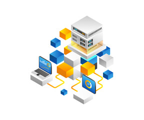 Isometric flat 3d concept high tech server block chain illustration