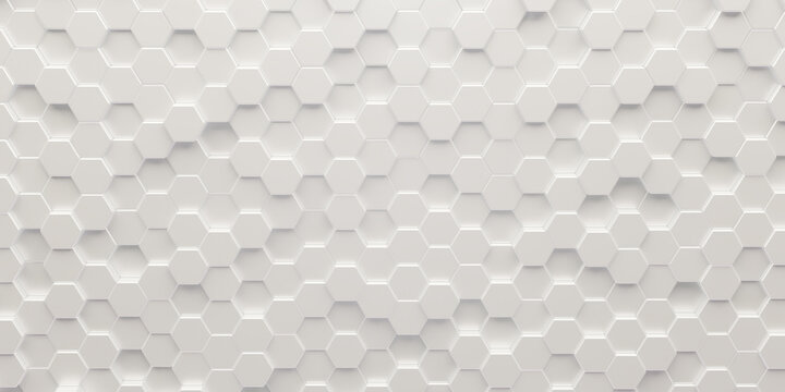 White geometric hexagonal abstract background. Surface polygonal pattern with glowing hexagons,
