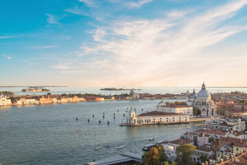Beautiful views of Santa Maria Della Salute and the Venetian lagoon in Venice, Italy