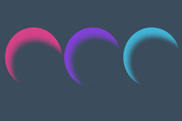 Cover templates set with three vibrant gradient round shapes. Futuristic abstract backgrounds with glossy sphere for your creative graphic design.  Ideal for header, poster, landing, sites, brochure.