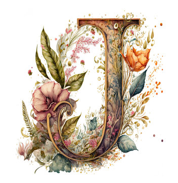 letter J monogram watercolor floral wildflowers weddings isolated blossom bouquet uppercase capital alphabet initials invitations greeting thank you cards poster holiday transparent png background ai