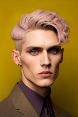 Fashion portrait of handsome young man with pink hair, blue eyes and yellow background.