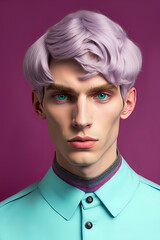 Fashion portrait of handsome young man with blue hair, blue eyes and pink background. pastel background