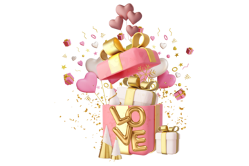 Valentine's day design. Realistic 3d pink gifts boxes for background. opened gift box design for valentine's day wish. transparent image   