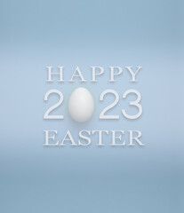 Happy Easter greetings with a real egg displaying the number 2023 against a blue background