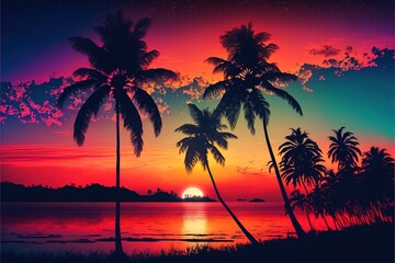 Beautiful colorful sunset on the tropical ocean beach.Generative ai