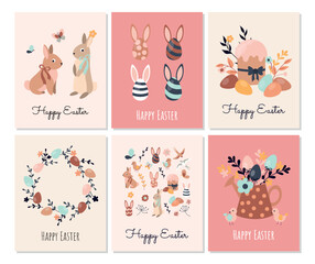 Easter boho greeting cards set. Collection of posters and banners for website. Template, layout and mock up. Hares and flowers. Cartoon flat vector illustrations isolated on white background