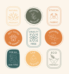 Ecology logo changed set. Collection of graphic elements for website. Natural and organic product. Caring for nature and environment. Cartoon flat vector illustrations isolated on beige background