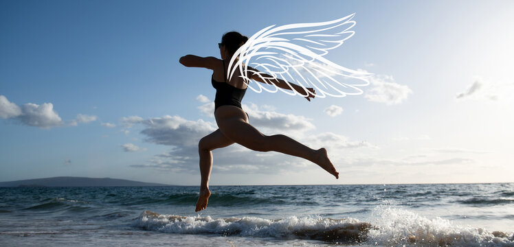 Valentines day horizontal photo banner for website header design. Angel beauty woman with wings. Woman running on beach. Beauty sexy woman run on sea beach.