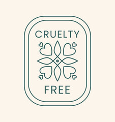 Cruelty free label. Quality mark for vegan products. Animal free product development, care for nature and ethical business. Responsible manufacturing concept. Cartoon flat vector illustration